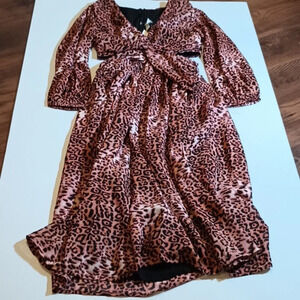 Anthropologie Tan and Black Cut Away Waist Cheetah Print Midi Dress A25
